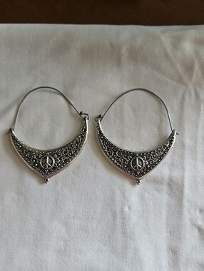 Boho Silver Peace Sign Crescent Hoop Earrings